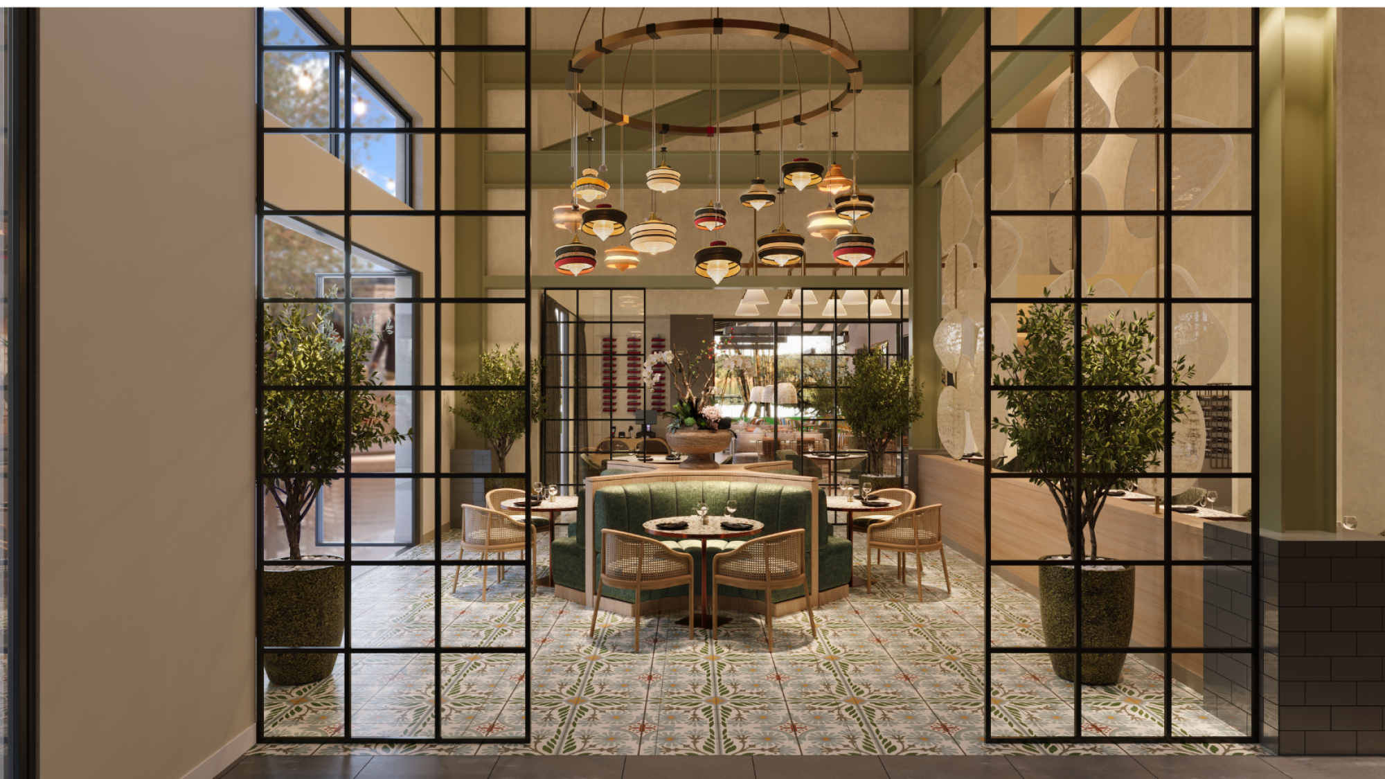 A stylish restaurant interior with glass-panel doors, potted trees, midcentury booths, round tables, warm lighting, and hanging pendant lamps.