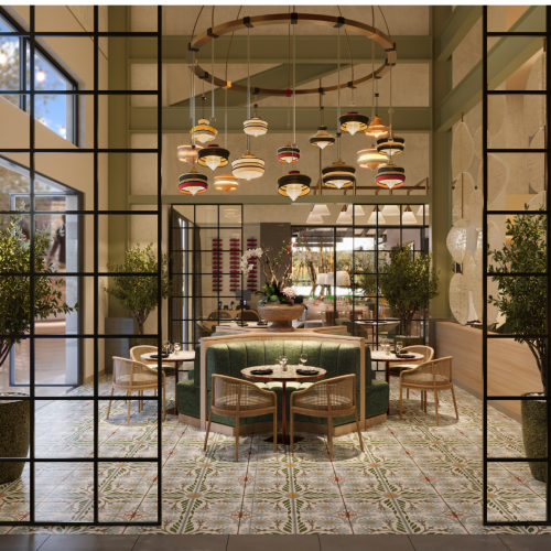 A stylish restaurant interior with glass-panel doors, warm lighting, hanging lamps, green banquettes, round tables, and potted trees. End.
